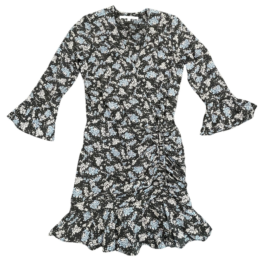 Veronica Beard Sean Silk Dobby Clip Dot Faux Wrap Ruched Mini Dress 4 Black Blue